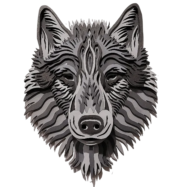 Lobo Gris: pieza decorativa multicapa de 13 capas en MDF, cortada con láser y pintada a mano por Sköll Arte Láser